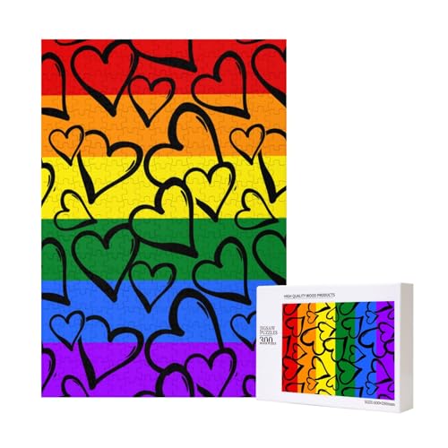 Gay Pride Regenbogen farbige Herzen, Puzzle 300 Teile Holzpuzzle Spielzeug Familienspiel Wanddekoration für Erwachsene Teenager von KEDDJI