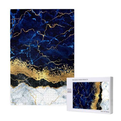 Goldweiß Marmor Welle Marineblau, Puzzle 1000 Teile, Holzpuzzle, Spielzeug, Familienspiel, Wanddekoration für Erwachsene und Teenager von KEDDJI