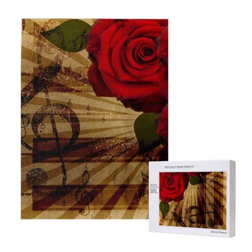 Grunge Rose Vintage Musik, 500 Teile Puzzle Holzpuzzle Spielzeug Familienspiel Wanddekoration für Erwachsene Teenager von KEDDJI