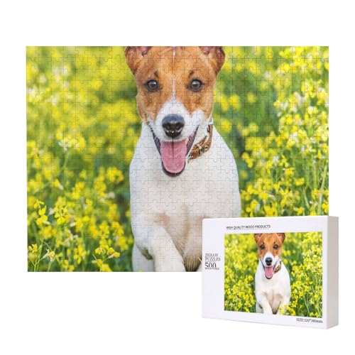 Jack Russell Blumenwiese, Puzzle 500 Teile, Holzpuzzle, Spielzeug, Familienspiel, Wanddekoration für Erwachsene und Teenager von KEDDJI