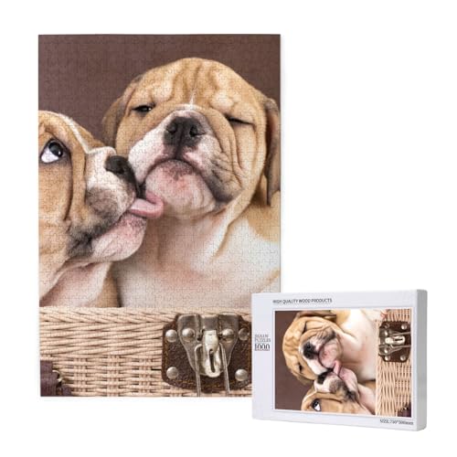 Kuss Englische Bulldoggenwelpen, Puzzle 1000 Teile, Holzpuzzle, Spielzeug, Familienspiel, Wanddekoration für Erwachsene und Teenager von KEDDJI