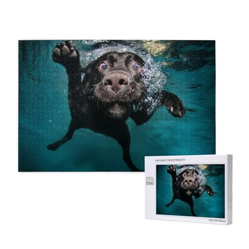 Lustiger schwarzer Labrador Retriever Hund schwimmt mit ausdrucksstarkem Gesicht, Puzzle 1000 Teile, Holzpuzzle, Spielzeug, Familienspiel, Wanddekoration für Erwachsene und Teenager von KEDDJI