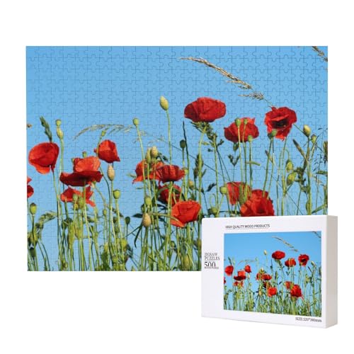 Mohnblumen am blauen Himmel, Puzzle 500 Teile, Holzpuzzle, Spielzeug, Familienspiel, Wanddekoration für Erwachsene und Teenager von KEDDJI