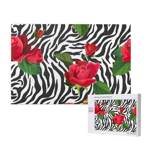 Rote Blume Tier Zebra, Puzzle 1000 Teile, Holzpuzzle, Spielzeug, Familienspiel, Wanddekoration für Erwachsene und Teenager von KEDDJI