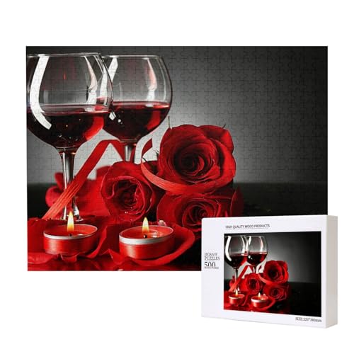 Rote Rose und Wein Romantisches Liebhaberdekor, Puzzle 500 Teile, Holzpuzzle, Spielzeug, Familienspiel, Wanddekoration für Erwachsene und Teenager von KEDDJI