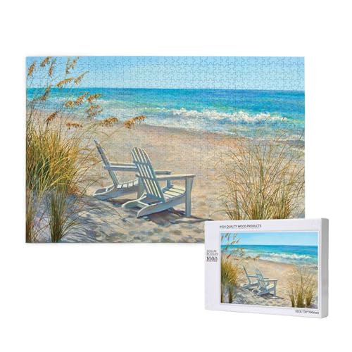 Strandszene mit Stühlen gedruckt, Puzzle 1000 Teile, Holzpuzzle, Spielzeug, Familienspiel, Wanddekoration für Erwachsene und Teenager von KEDDJI