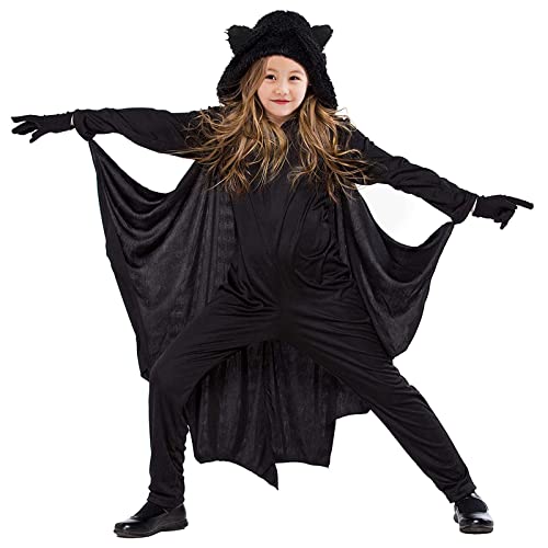 Halloween Karneval Kinder Fledermaus Kostüm, Fledermaus-Cape mit Umhang und Handschuhe, Fledermauskostüm Vampir Fasching Faschingskostüme Karnevalskostüme für 3-13 Mädchen Junge (S 105-115cm) von KEEBAX