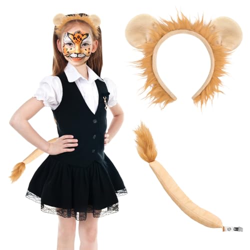 Löwen Kostüm Löwe Stirnband Set: Löwenkostüm Haarreif Bestehend aus Löwenohren & Mähne Schwanz für Kinder Erwachsene Karneval Tiere Cosplay Fasching Motto Party Faschingskostüme von KEEBAX