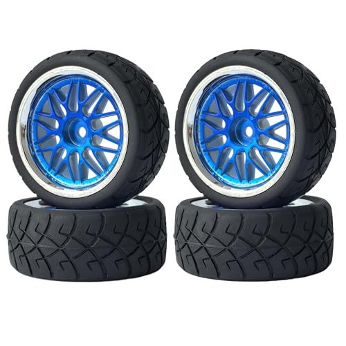 KEEDA 4 Stück Gummireifen Mit Kunststoff Felgen Räder Ersatzteile für 1/10 RC On Road Car Tourenwagen Rennwagen (65mm, Blau) von KEEDA