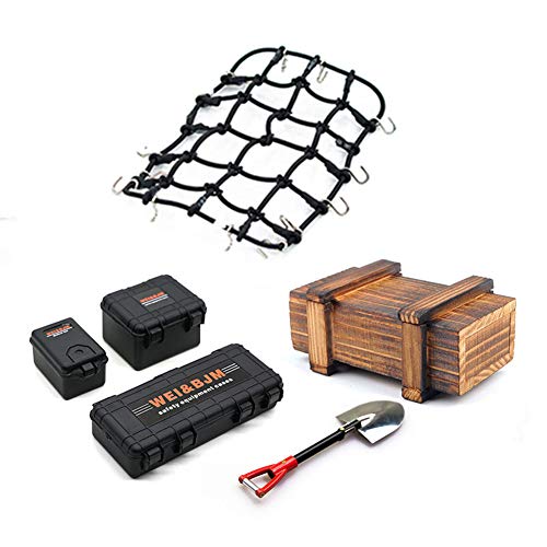 KEEDA Mini-Gepäckkoffer, Holzbox, Schaufel, Gepäcknetz, Simulations Dekoration Werkzeug, Zubehör für 1:10 RC Crawler Auto Trx4 Axial Scx10 90046 CC01 D90 D110 (Schwarz) von KEEDA