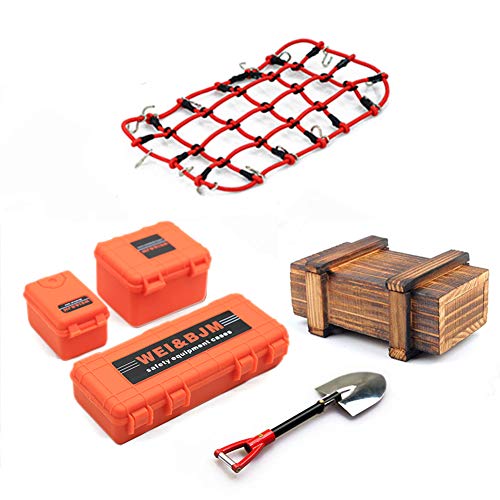 KEEDA Mini-Gepäckkoffer, Holzbox, Schaufel, Gepäcknetz, Simulations Dekoration Werkzeug, Zubehör für 1:10 RC Crawler Auto Trx4 Axial Scx10 90046 CC01 D90 D110 (Orange) von KEEDA