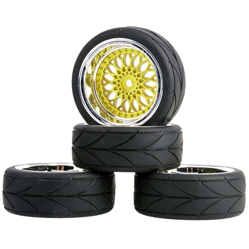 KEEDA RC Auto 64mm Gummireifen & 52mm/2,05 Zoll Kunststoff Felgen Räder für 1/10 RC On Road Touring Racing Drift Car (Einpresstiefe 6mm, Gold) von KEEDA