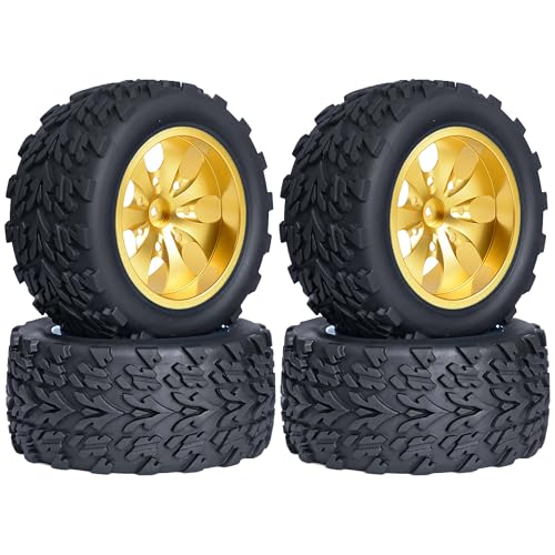 KEEDA RC Gummireifen und Aluminiumlegierung Felgen Metall Räder Ersatzteile für 1/10 RC Monster Truck (Gold, B) von KEEDA