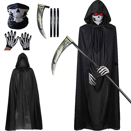 KEELYY Sensenmann Kostüm, Halloween Kostüm Sensenmann Umhang mit Kapuze Halloween Sense Gesichtsmaske Handschuhe, Tod Kostüm für Erwachsene Halloween Party Dekoration, Cosplay, Karneval von KEELYY