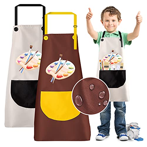 KEELYY 2 Stück Schürze Kinder Wasserdicht mit Taschen, Kochschürze Kinder Malschürze Jungen Mädchen, Verstellbare Schürzen für Malen Basteln Backen Kochen, 7-12 Jahre von KEELYY