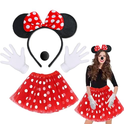 KEELYY Damen Maus Mouse Kostüm Rot Tutu Tüllrock mit weiß Gepunktet + Maus Ohren Haarreifen + Handschuhe + Nase, Faschingskostüme Damen für Fasching Karneval Mottoparty Cosplay von KEELYY