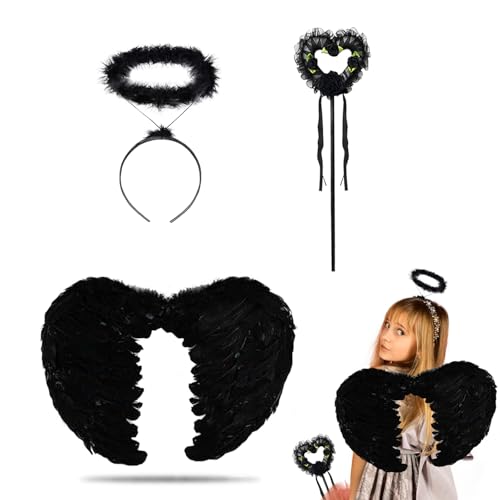 KEELYY Engelsflügel 45cm Schwarz Federflügel Engel mit Heiligenschein und Zauberstab, Engel Flügel für Damen Mädchen, Engel Teufel Feen Kostüm Accessoires für Halloween Karneval Cosplay Fasching Party von KEELYY