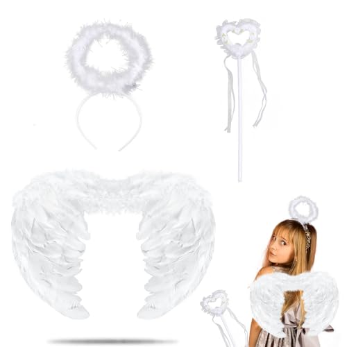 KEELYY Engelsflügel 45cm Weiß Federflügel Engel mit Heiligenschein und Zauberstab, Engel Flügel für Damen Mädchen, Engel Teufel Feen Kostüm Accessoires für Halloween Karneval Cosplay Fasching Party von KEELYY