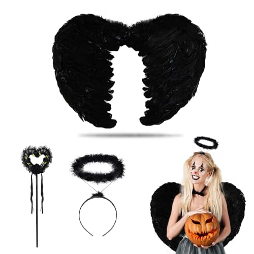 KEELYY Engelsflügel 60cm Schwarz Federflügel Engel mit Heiligenschein und Zauberstab, Engel Flügel für Damen Mädchen, Engel Teufel Feen Kostüm Accessoires für Halloween Karneval Cosplay Fasching Party von KEELYY