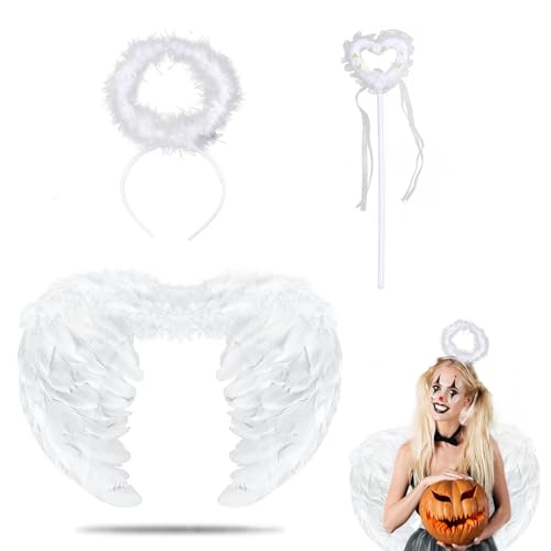 KEELYY Engelsflügel 60cm Weiß Federflügel Engel mit Heiligenschein und Zauberstab, Engel Flügel für Damen Mädchen, Engel Teufel Feen Kostüm Accessoires für Halloween Karneval Cosplay Fasching Party von KEELYY