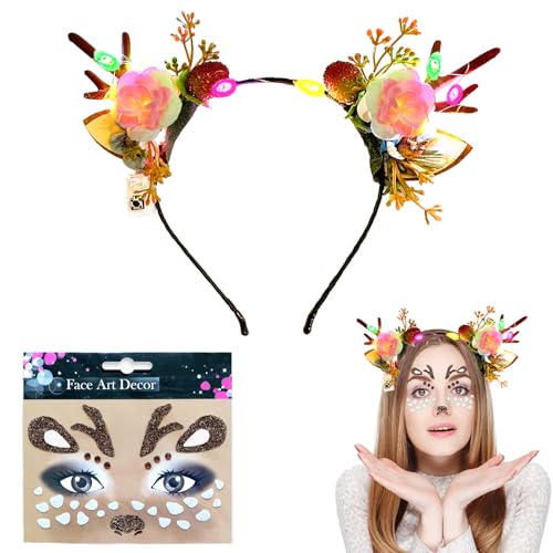 KEELYY Haarreif Weihnachten LED Rentier Haarreif Weihnachts Beleuchtete Stirnbander Damen Mädchen Reh kostüm Haarschmuck für Weihnachten Karneval Fasching Halloween Party,Bunte Licht von KEELYY