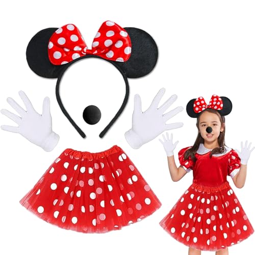 KEELYY Mädchen Maus Mouse Kostüm Rot Tutu Tüllrock mit weiß Gepunktet + Maus Ohren Haarreifen + Handschuhe + Nase, Faschingskostüme Kinder für Fasching Karneval Halloween Mottoparty Cosplay von KEELYY