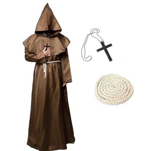 KEELYY Mönch Robe Priester Kostüm Herren Halloween Kostüm mit Kapuze und Kreuz, Mönch Priester Gewand Männer Mönchskutte für Halloween, Karneval, Mittelalterliche, Renaissance,Braun-L von KEELYY