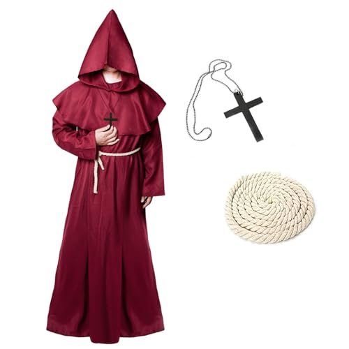 KEELYY Mönch Robe Priester Kostüm Herren Halloween Kostüm mit Kapuze und Kreuz, Mönch Priester Gewand Männer Mönchskutte für Halloween, Karneval, Mittelalterliche, Renaissance,Rot-L von KEELYY