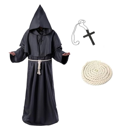 KEELYY Mönch Robe Priester Kostüm Herren Halloween Kostüm mit Kapuze und Kreuz, Mönch Priester Gewand Männer Mönchskutte für Halloween, Karneval, Mittelalterliche, Renaissance,Schwarz-L von KEELYY