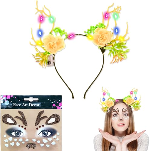 KEELYY Reh Kostüm Damen LED Rentier Haarreif reh haarreifen Fasching Beleuchtete Stirnbander Mädchen Reh kostüm Haarschmuck für Weihnachten Karneval Fasching Halloween von KEELYY