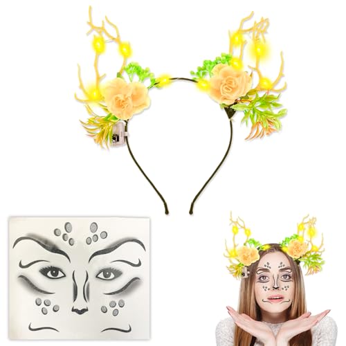 KEELYY Reh Kostüm Damen LED Rentier Haarreif reh haarreifen Fasching Beleuchtete Stirnbander Mädchen Reh kostüm Haarschmuck für Weihnachten Karneval Fasching Halloween von KEELYY