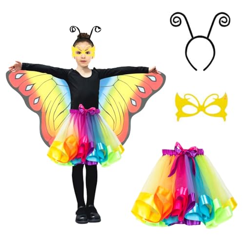 KEELYY Schmetterling Kostüm Kinder Mädchen Schmetterlingsflügel mit Maske Tutu Rock Tüllrock Haarreif, Kinder Schmetterling Umhang Flügel Halloween Kostüm Karneval Fasching Cosplay,Gelb von KEELYY