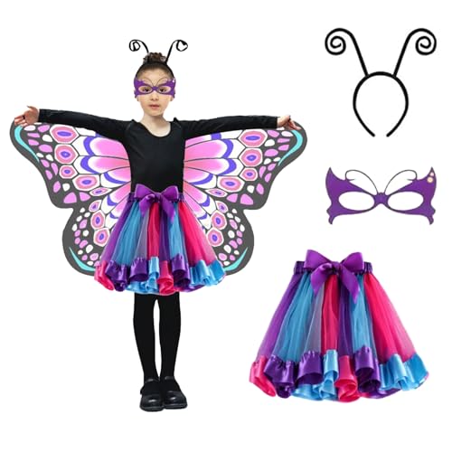 KEELYY Schmetterling Kostüm Kinder Mädchen Schmetterlingsflügel mit Maske Tutu Rock Tüllrock Haarreif, Kinder Schmetterling Umhang Flügel Halloween Kostüm Karneval Fasching Cosplay,Violett von KEELYY