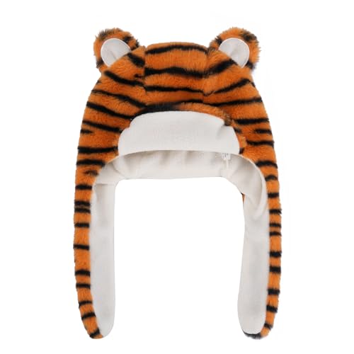 KEEPFLY Kinder-Tier-Plüschmütze, superweich, warm, mit Ohrenklappen, Unisex, Fleece, Kleinkind, Wintermütze für Jungen und Mädchen, Tiger, 6–10 Jahre von KEEPFLY