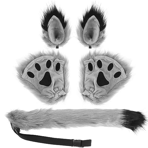 KEESIN 5PCS Kunstfell Tier Ohren Schwanz Pfote Handschuh Set, Cosplay Kostüm Set Wolf Fuchs Schwanz Clip Ohren und Plüsch Klaue Handschuhe Cosplay Fancy Dress Zubehör für Kinder Erwachsene (Grau) von KEESIN