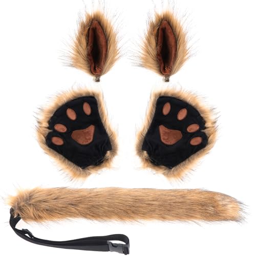 KEESIN 5PCS Kunstfell Tier Ohren Schwanz Pfote Handschuh Set, Cosplay Kostüm Set Wolf Fuchs Schwanz Clip Ohren und Plüsch Klaue Handschuhe Cosplay Fancy Dress Zubehör für Kinder Erwachsene (Braun) von KEESIN