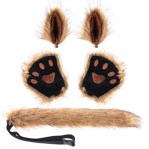 KEESIN 5PCS Kunstfell Tier Ohren Schwanz Pfote Handschuh Set, Cosplay Kostüm Set Wolf Fuchs Schwanz Clip Ohren und Plüsch Klaue Handschuhe Cosplay Fancy Dress Zubehör für Kinder Erwachsene (Braun) von KEESIN