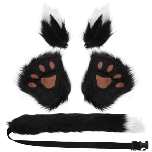 KEESIN 5PCS Kunstfell Tier Ohren Schwanz Pfote Handschuh Set, Cosplay Kostüm Set Wolf Fuchs Schwanz Clip Ohren und Plüsch Klaue Handschuhe für Kinder Erwachsene (Schwarz) von KEESIN