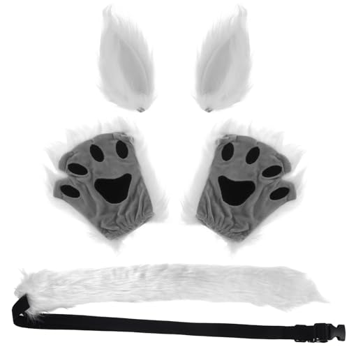 KEESIN 5PCS Kunstpelz Tierische Kleidung, Cosplay Kostüme, Wolf kostüm, Fuchs kostüm, Furry kostüm, Ohren, Schwanz, Handschuhe, Kinderkostüme, Erwachsene Kostüme, für Karneval (Weiß) von KEESIN