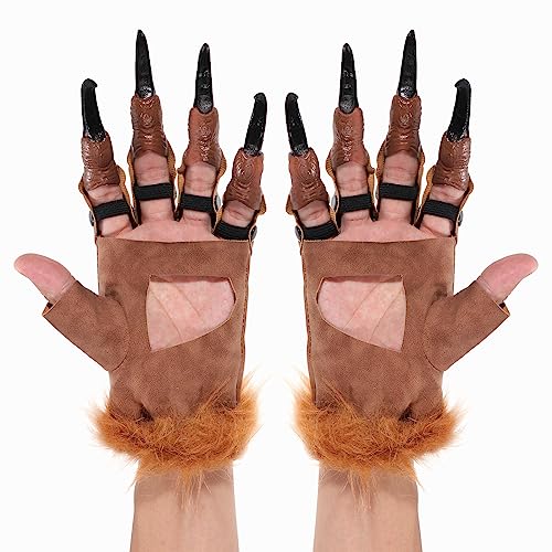 KEESIN Halloween Krallenhandschuhe,Plüsch Drachenkralle Handschuhe Halloween Party Dekorationen Kit Kostüm Zubehör für Erwachsene Jugendliche(Braun) von KEESIN