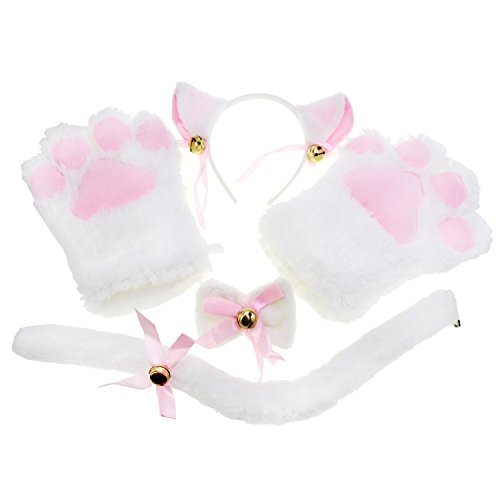 KEESIN Katze Cosplay Set, Katzenkostüm, Katzenpfoten-Handschuhe, Katzenohren, Katzenschwanz, Katzenkostüm Kinder, Katzenkostüm Damen für Karneval (Weiß) von KEESIN