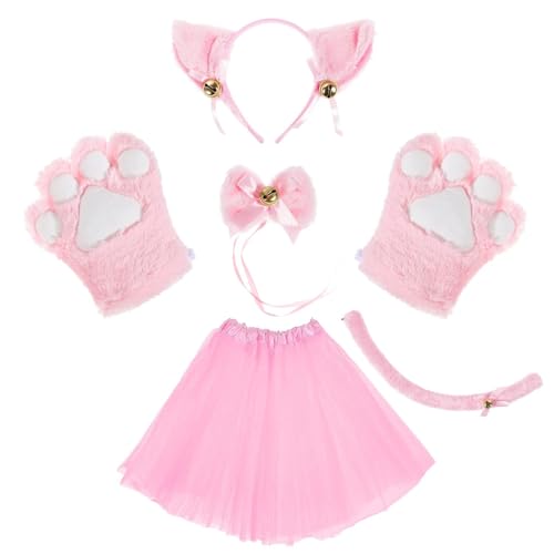 KEESIN Katze Cosplay Set,Kostüm Katze Katzen Kostüm Set Plüsch Klaue Handschuhe Katze Kätzchen Ohren Schwanz mit Tutu-Rock für kinder damen katzenkostüm erwachsene für Karneval Party(Rosa) von KEESIN