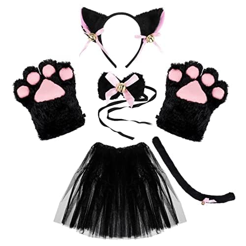 KEESIN Cosplay Tierkostüme, Katzenkostüm, Katzenpfotenhandschuhe, Katzenohren, Katzenschwanz, Katzenkostüm kinder für Fasching und Abschlussball (Schwarz) von KEESIN