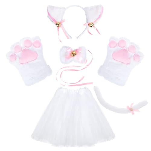 KEESIN Katze Cosplay Set,Kostüm Katze Katzen Kostüm Set Plüsch Klaue Handschuhe Katze Kätzchen Ohren Schwanz mit Tutu-Rock für kinder damen katzenkostüm erwachsene für Karneval Party(Weiß) von KEESIN