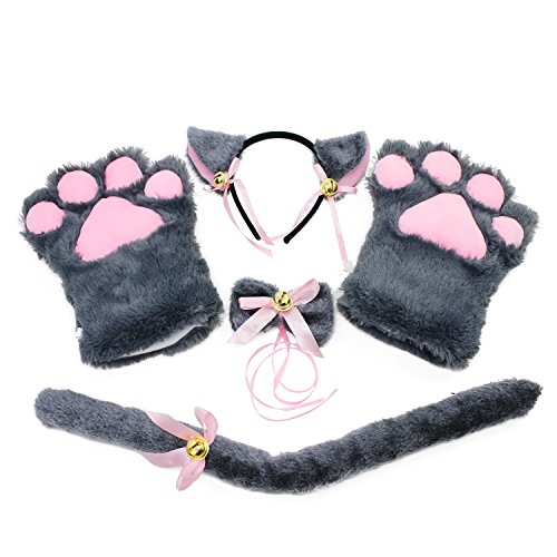 KEESIN Katze Cosplay Set,Kostüm Katze Katzen Kostüm Set Plüsch Klaue Handschuhe Katze Kätzchen Ohren Schwanz für kinder damen katzenkostüm erwachsene für Karneval Party(Grau) von KEESIN