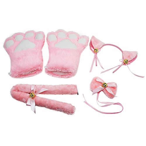 KEESIN Katze Cosplay Set, Katzenkostüm, Katzenpfoten-Handschuhe, Katzenohren, Katzenschwanz, Katzenkostüm Kinder, Katzenkostüm Damen für Karneval (Rosa) von KEESIN