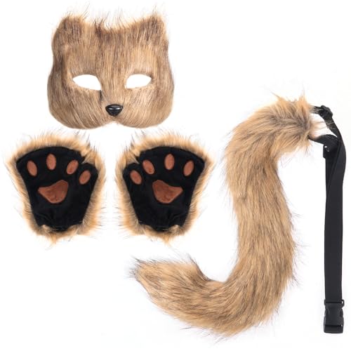 KEESIN Furry Kostüm, Fuchs Kostüm mit Maske, Wolf Kostüm, Inklusive Maske, Handschuhen und Schwänzen, Kinderkostüm, Erwachsenenkostüm für Karneval (Braun) von KEESIN