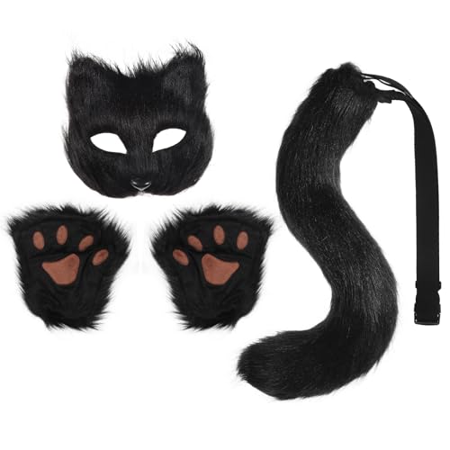 KEESIN Furry Kostüm, Fuchs Kostüm mit Maske, Wolf Kostüm, Inklusive Maske, Handschuhen und Schwänzen, Kinderkostüm, Erwachsenenkostüm für Karneval (Schwarz) von KEESIN