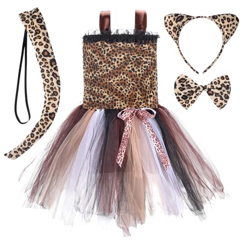 KEESIN 4 Stück Leopard Kostüm Kinder, Tierkostüm, Leopardenmuster-Rock, Haarband, Fliege, Schwanz, Fancy Dress Kostüm Mädchen, für Karneval von KEESIN