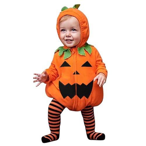 KEIZHUONIQIU Halloween Kürbis Kostüm Baby Strampler - Kürbiskostüm mit Kapuze & Strumpfhose Lustiges Drucken Hoodie Zipper Jumpsuit Kinder Jungen und Mädchen für Halloween Karneval Kostümparty von KEIZHUONIQIU